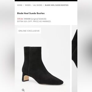 New! Ann Taylor Black Blade Heel Suede Booties, size 6. Never Worn.